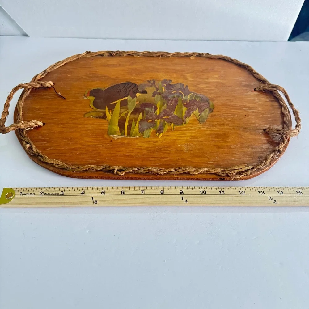 Vintage Wooden Serving Tray Braided Rope Handles Bird Iris Decoupage Rustic Oval
